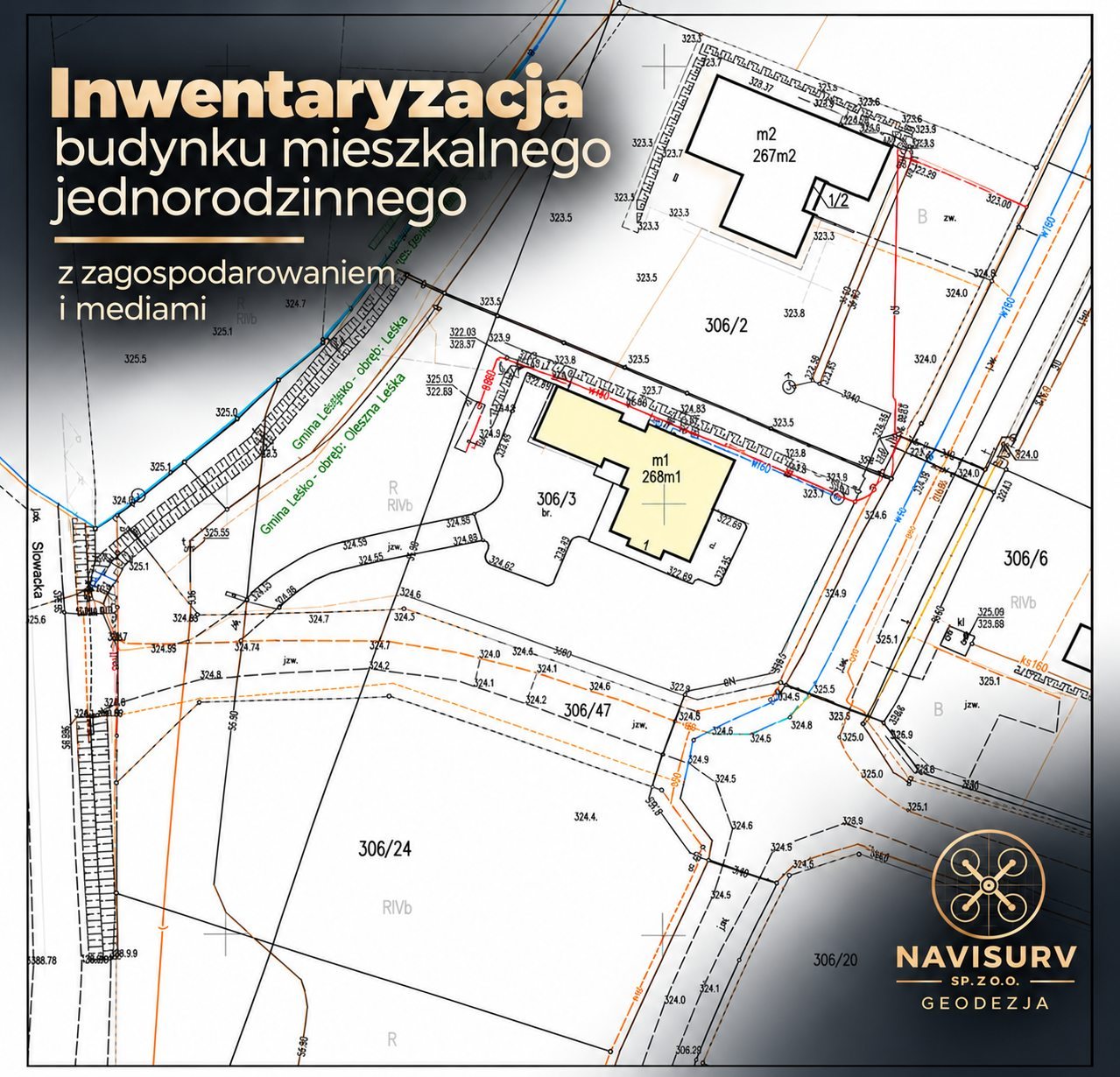 Mapa z inwentaryzacji budynku jednorodzinnego z mediami