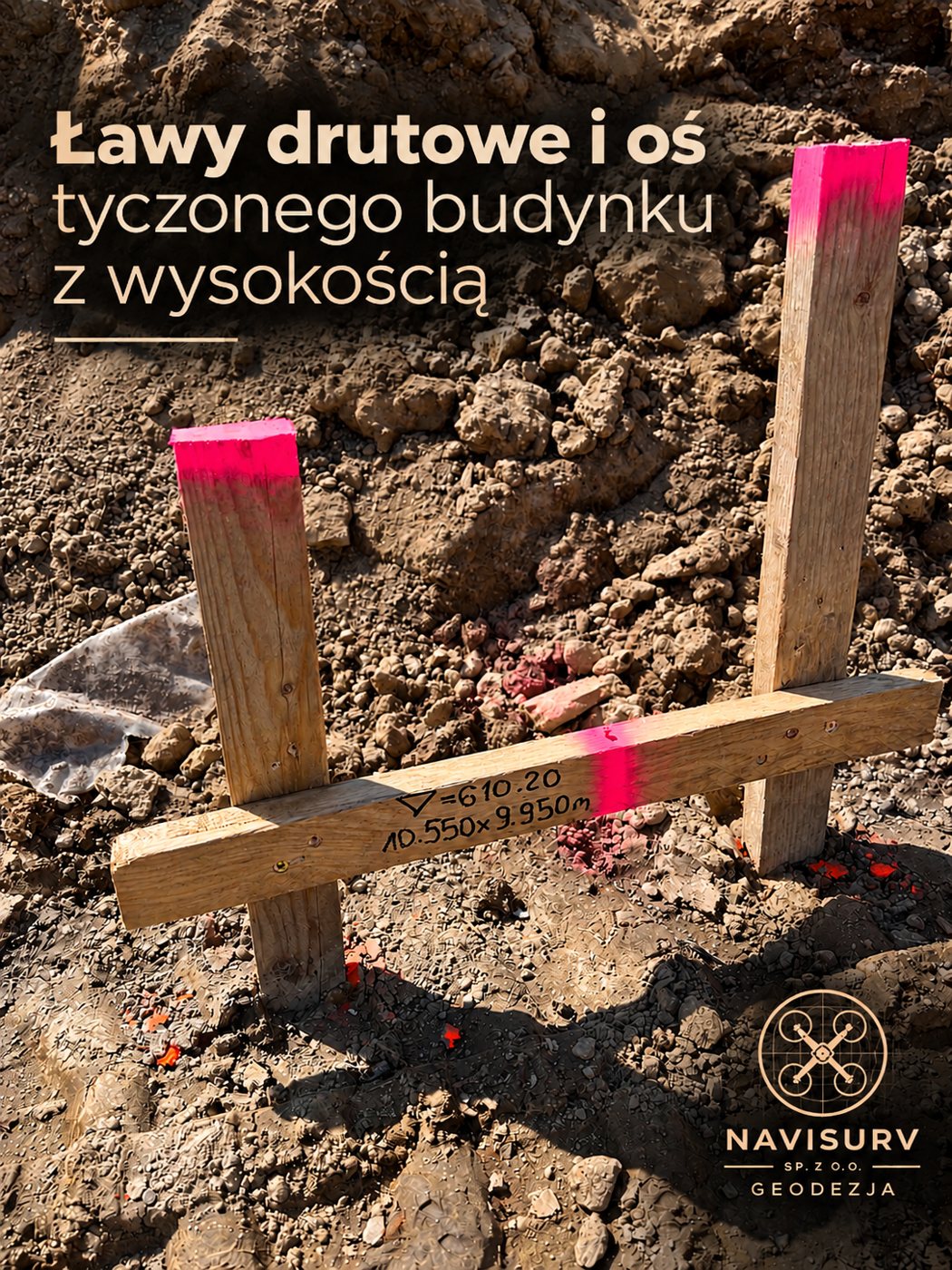 Ławy drutowe z osią tyczonego budynku i wysokością
